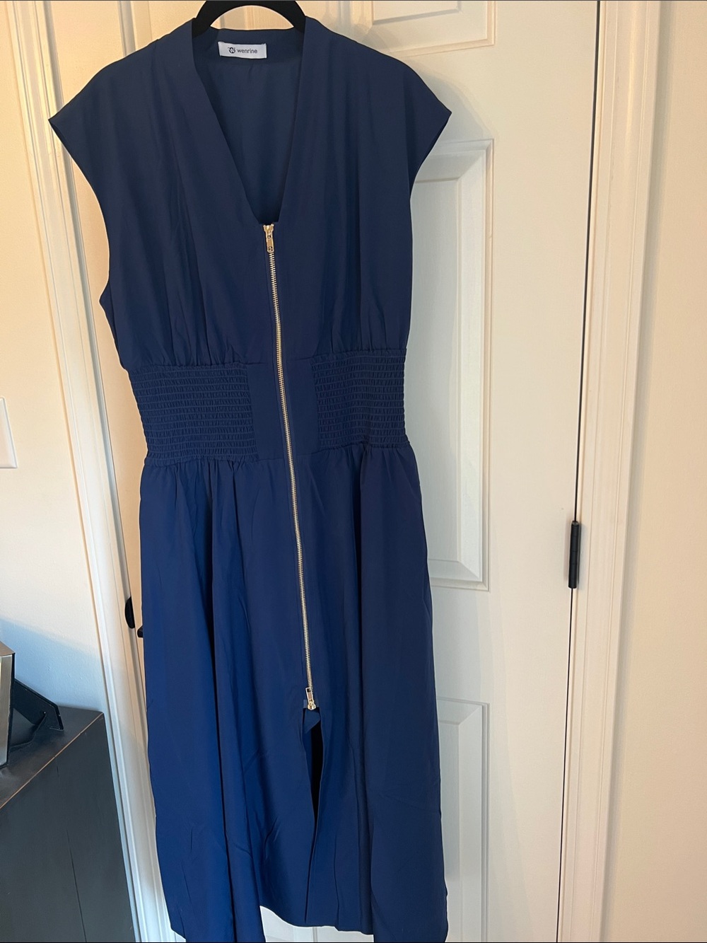 Navy Zip-Front Midi Dress Large